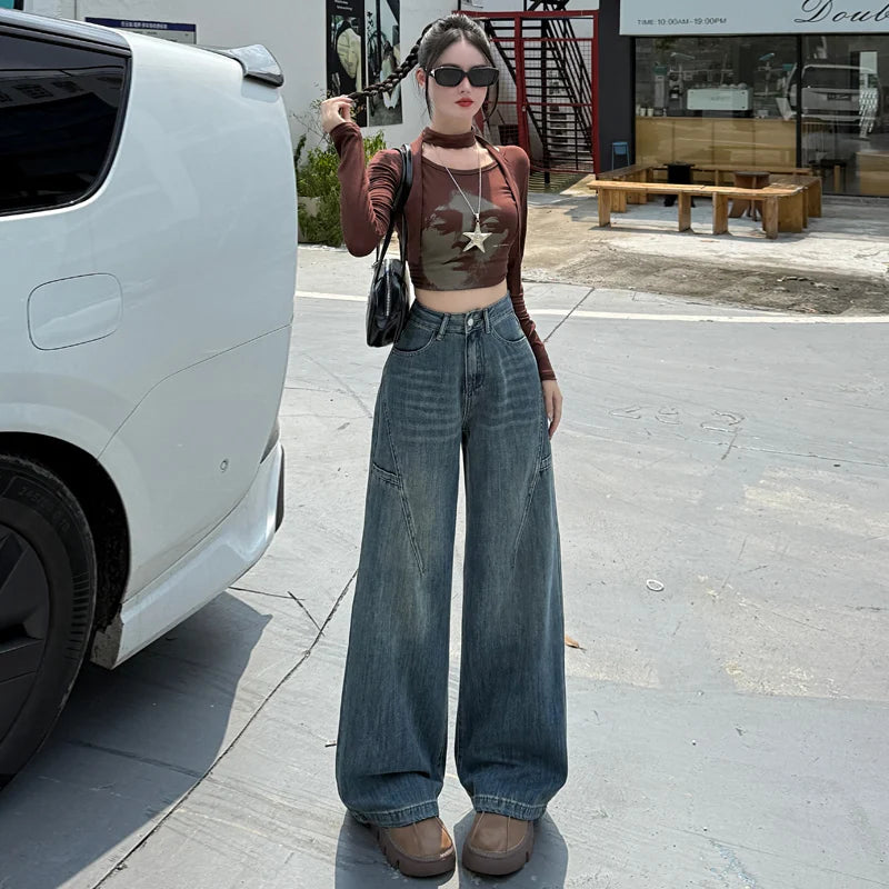 High Waisted Wide Leg Jeans Women Cotton Retro Denim Y2k Loose Fashion Design Sense Pant Streetwear Baggy Straight Trouser Woman