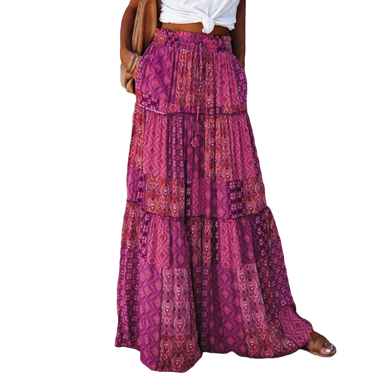 Women's Bohemian Skirts Vintage Elastic High Waist A-Line Skirts Tiered Long Skirts with Pockets