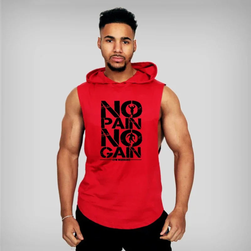 Men’s Fitness Workout Sportswear Tops Bodybuilding Hooded Tank Top Cotton Printed Sleeveless T-shirts Casual Hip Hop Undershirt