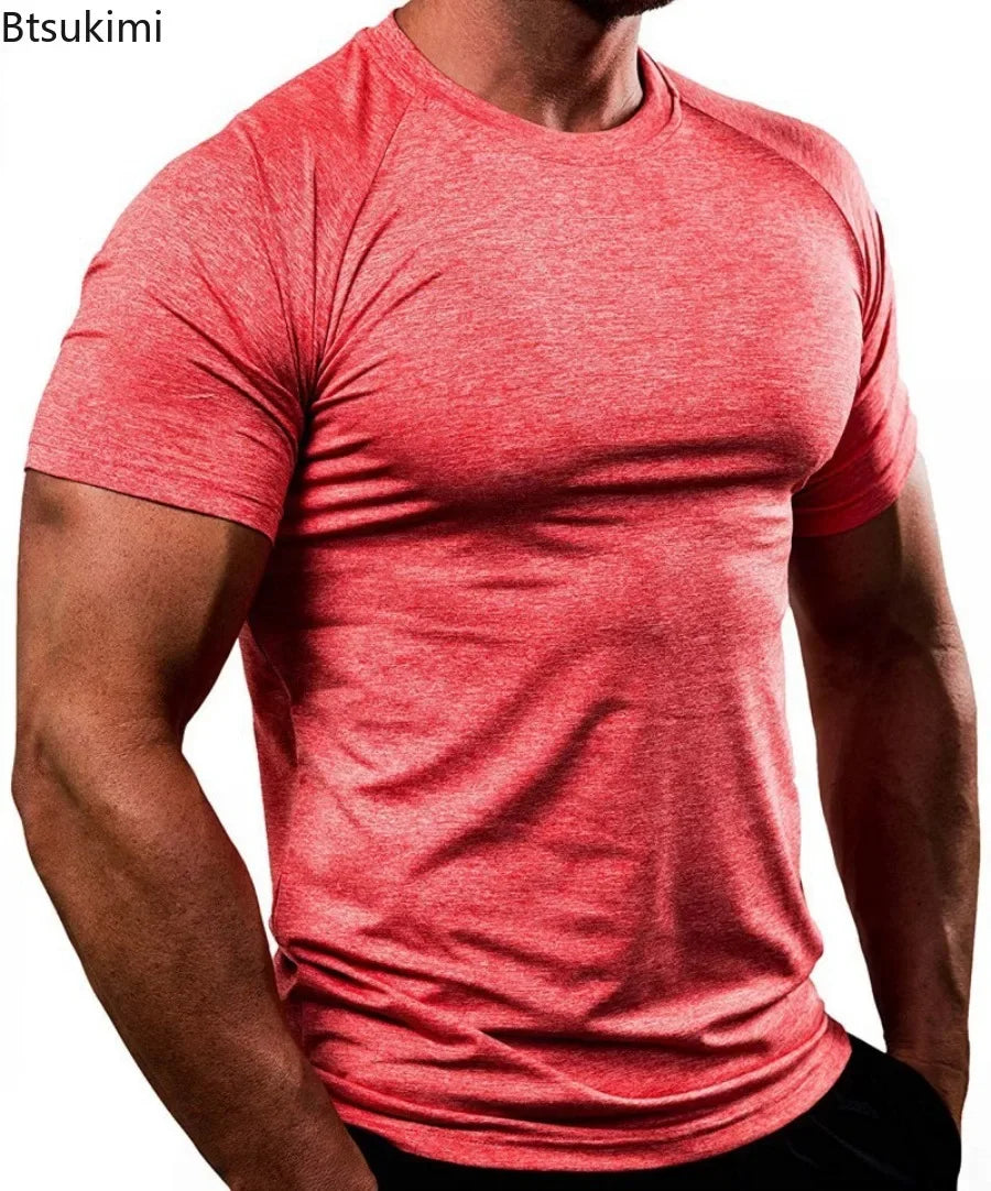 Summer Gym T-shirts Men's Solid Fitness Clothing O-neck Short Sleeve Tops Breathable Slim Bodybuilding Workout Muscle Tees Male