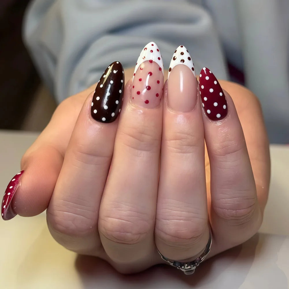Medium long fake nails for women girls pink white black red blue brown polka dots design almond ballet tips press on false nail