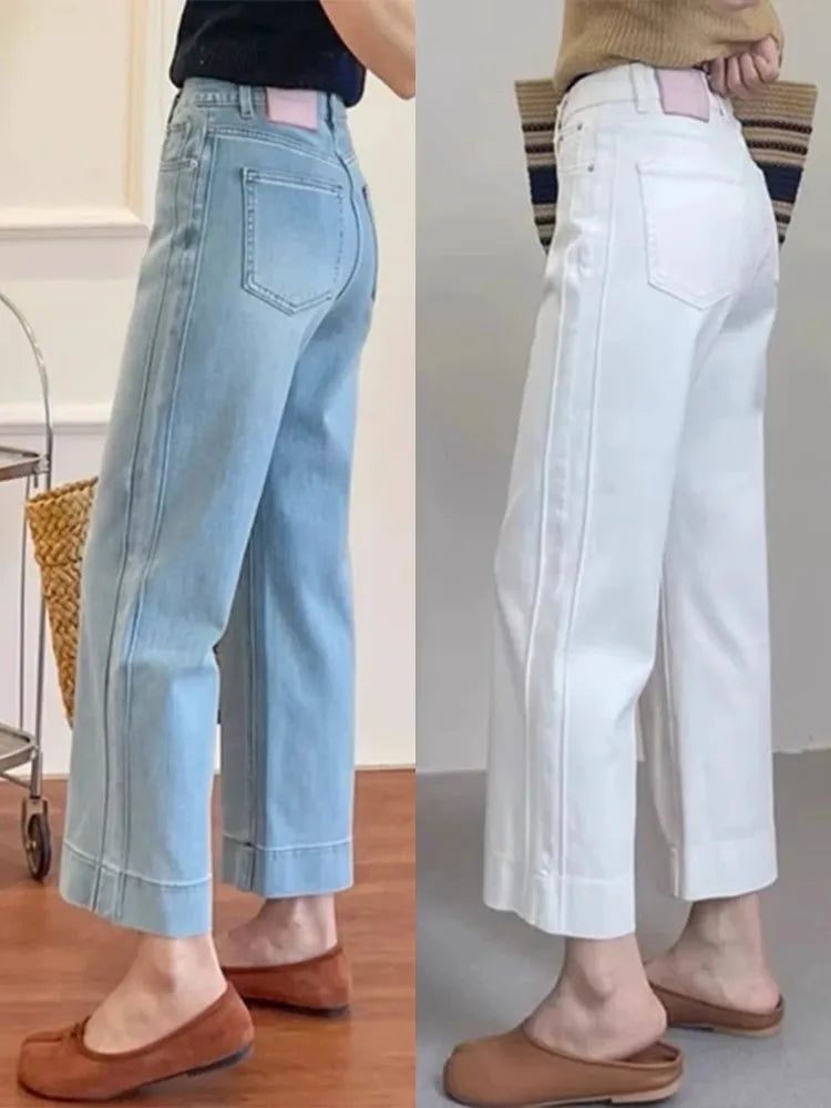 Women High Waist Wide Leg Pants Casual Loose Trousers Summer Solid Color Straight Fit Pocketed Ankle-Length Jeans