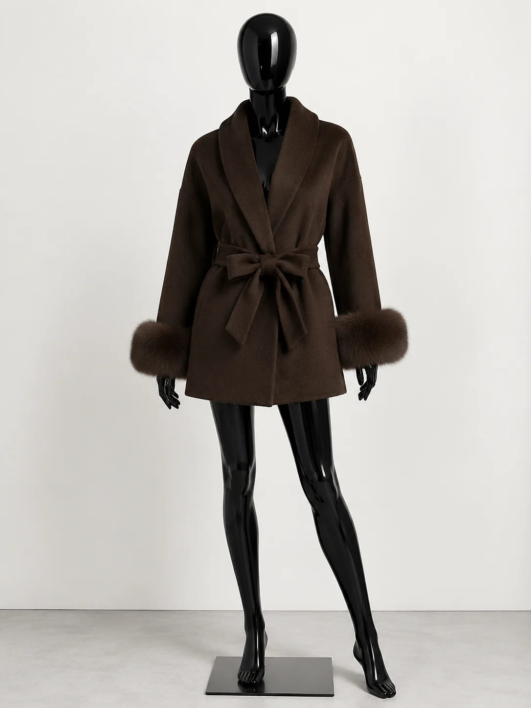Women's Wool Coat with Fur Cuffs Minimalist Soft Wool High Fashion Belted Winter Fur Trim Coat Old Money Style Natural Fur Coat
