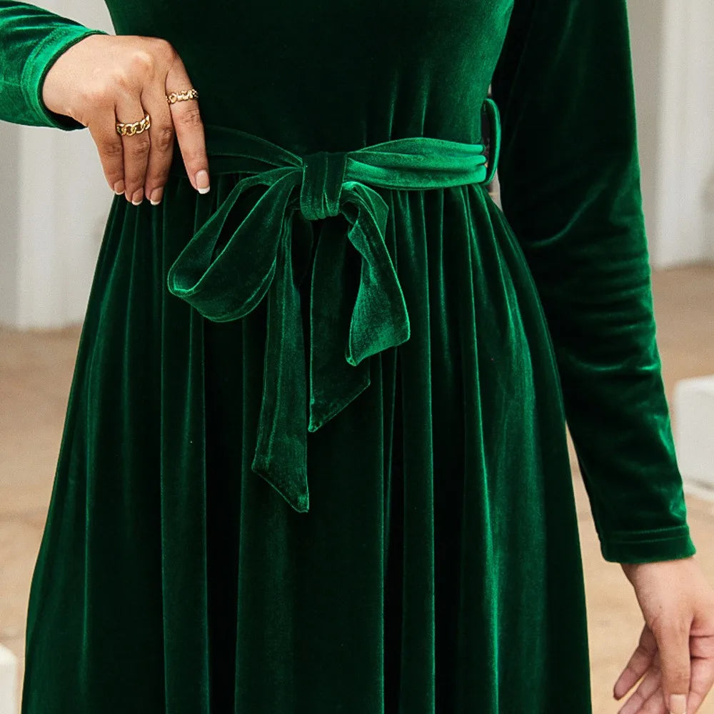 Women's Elegant A-Line Velvet Dress for Wedding Guest Prom Party Wedding Party, Long Sleeve Round Neck Belted Full Skirt
