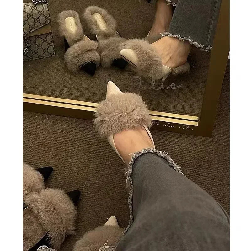 Fur Pointed Mule High Heels