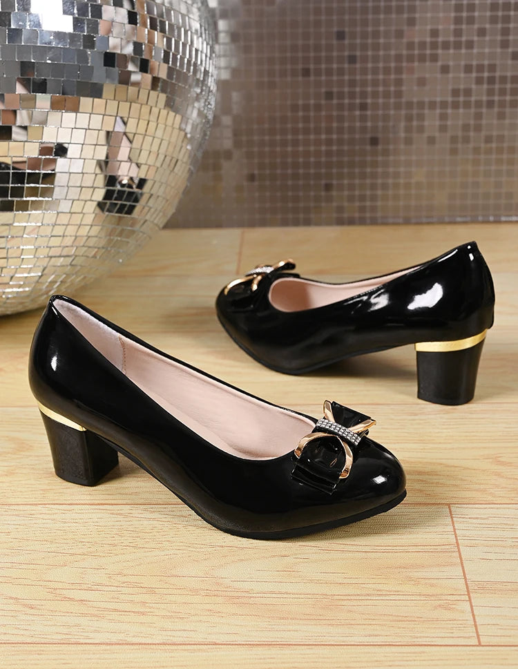 Women High Heels Low Heels Fashion Bling Bow patent leather Professional Casual Pumps Woman Wedding Party Shoes Large Size 42