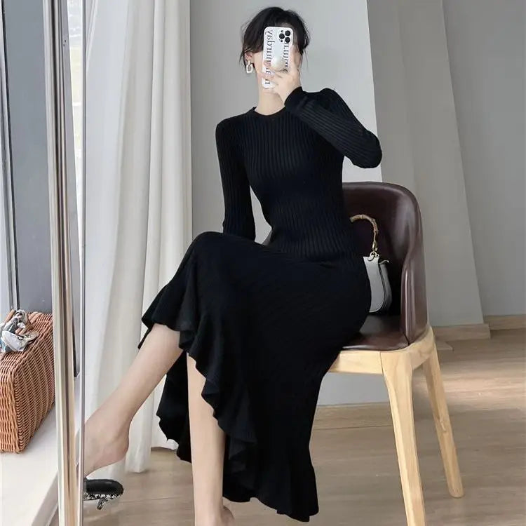 Elegant Knit Flounce Midi Dress