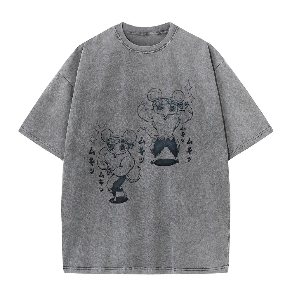Vintage Washed T-shirts 100% Cotton Gym Muscle Rat Print Crew Neck Tshirts Casual Goth Hip Hop Streetwear Women Men Summer Tee