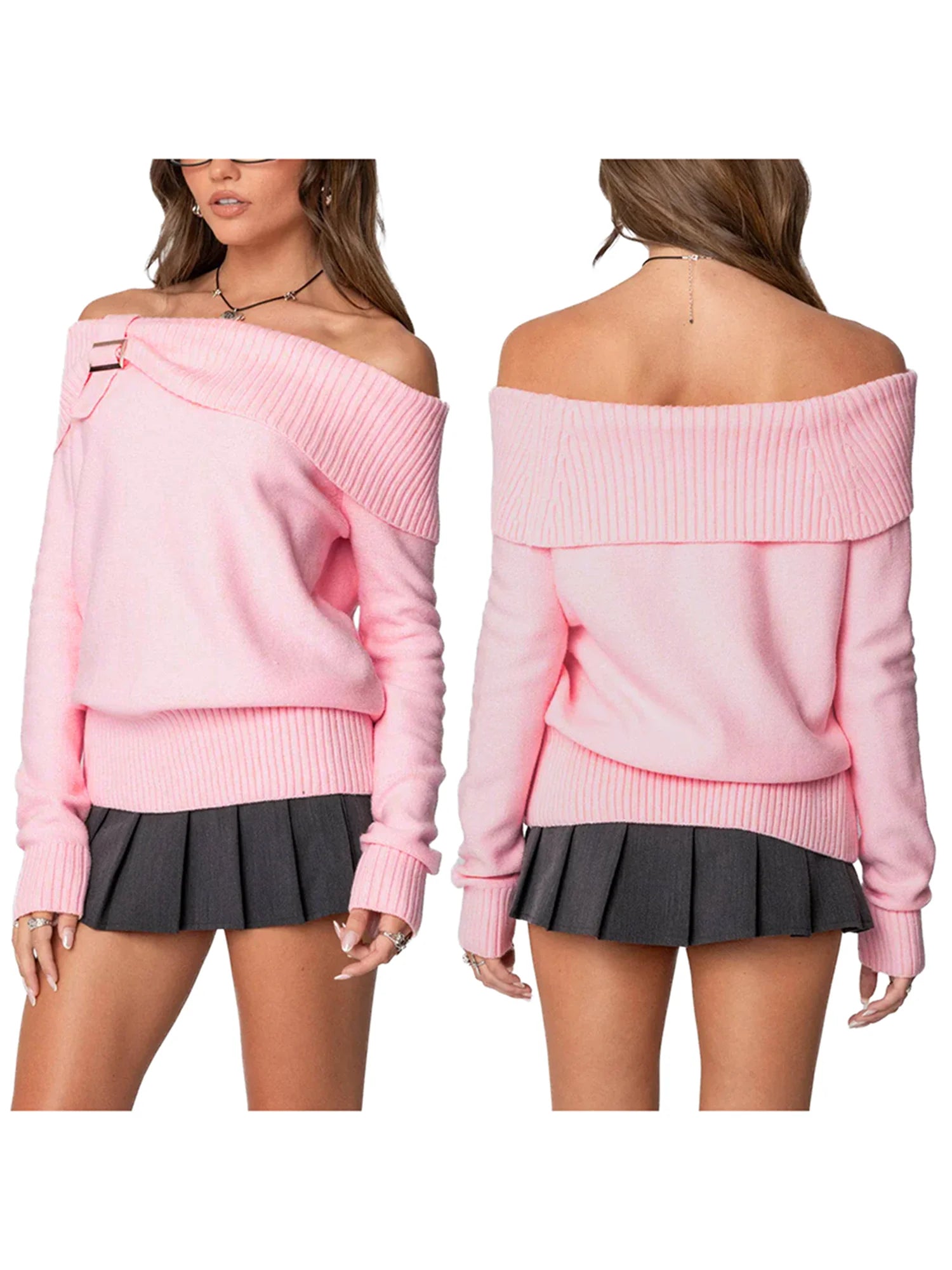 Ribbed Slash Neck Pullover