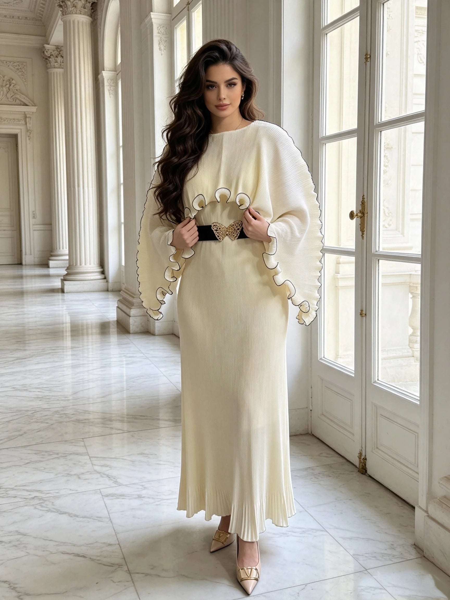 Elegant Pleated Long Dress with Butterfly Belt Women Cape Sleeve Wave Edge Ruffle Evening Party Dress