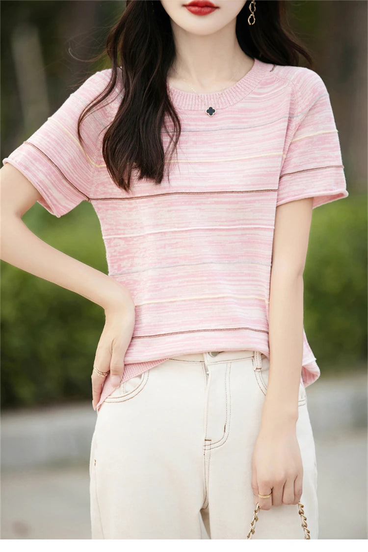 Women's T-shirts Summer New 100% Cotton Short Sleeve Casual Striped Knit Blouse Round Neck Tops Loose Pullover Tees