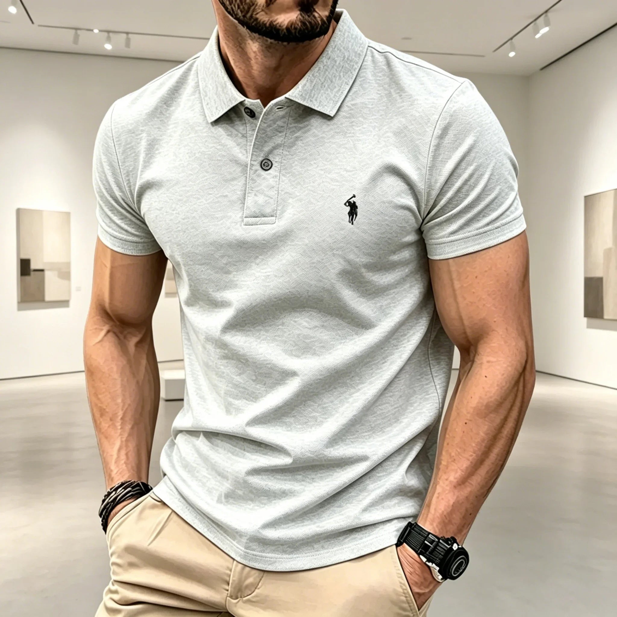 Men Solid Color Polo Shirt Regular Fit Business Casual Short Sleeve Tops With Small Horse Embroidery Chest Print