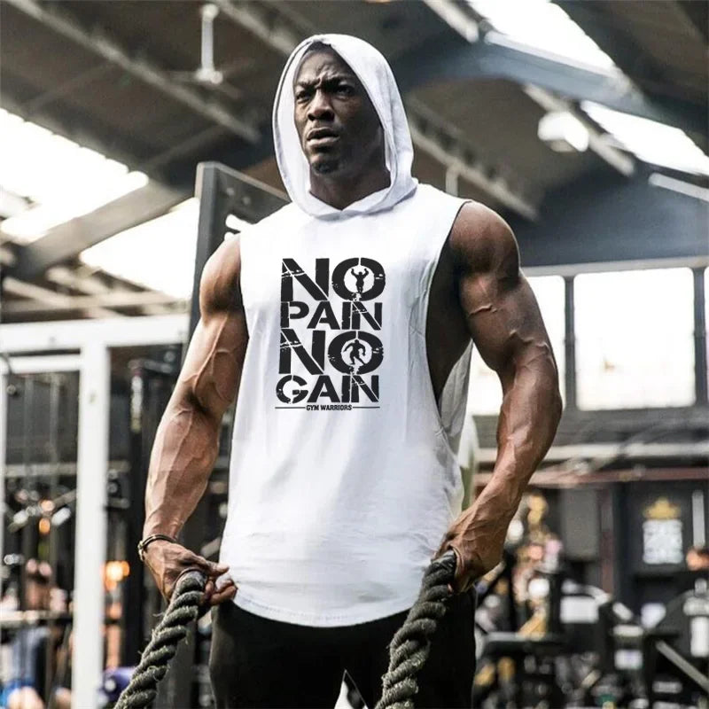 Men’s Fitness Workout Sportswear Tops Bodybuilding Hooded Tank Top Cotton Printed Sleeveless T-shirts Casual Hip Hop Undershirt