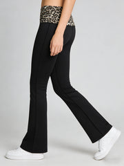 Fashionable Leopard Print Pleated Yoga Pants High Elastic Comfort Slim Fit Bell Bottoms Waistline Splicing Sporty Trousers