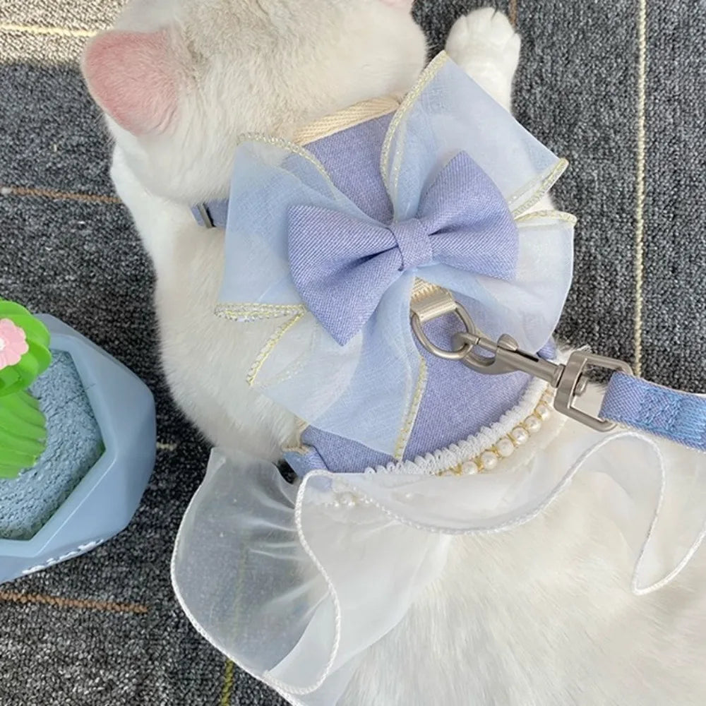 Pet Accessories Princess Style Cat Harness Leash Adjustable Nylon Cat Vest Breathable with Bowknot Pet Chest Strap For Cats Dogs