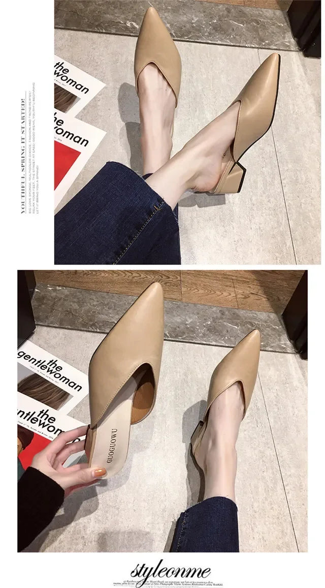 Women High Heels Slippers  Baotou Women Shoes Sexy Pointed Toe Chunky Heels Mules Outdoor Walking Slides Chaussure Femme 2024