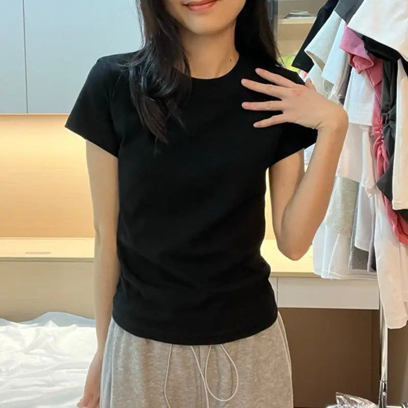 Women's Solid Short Sleeve T-Shirt Spring Summer Casual Soft Slim Fit Basic Top Tees All-Match Fashion T-Shirts for Women