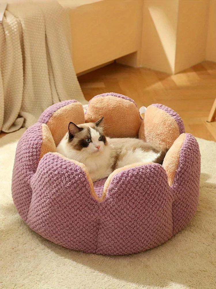 Petal Shaped Pet Bed, Plush Round Dog & Cat Cushion Mat with Knitted Texture, Ultra Soft Warm Nest for Kittens Puppies in Winter