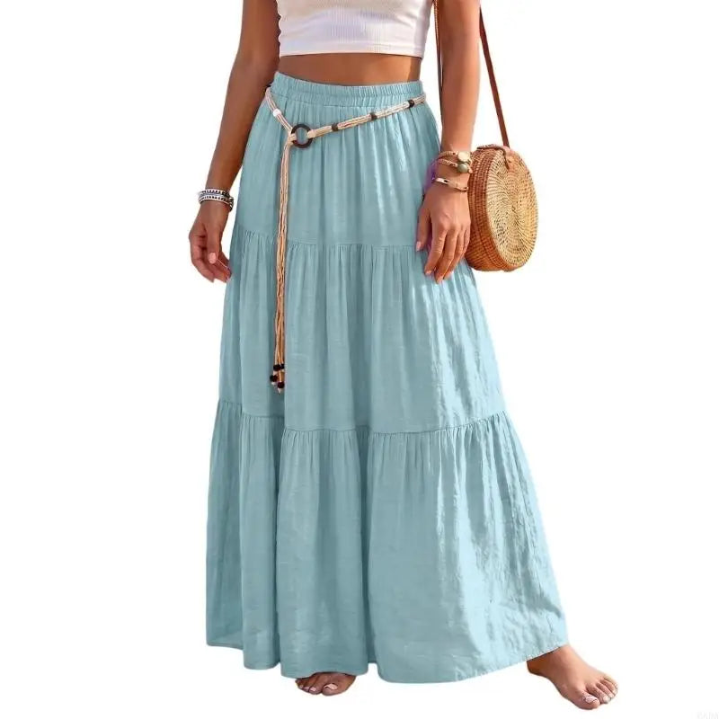 Skirts for Women Linen Maxi Skirt Pleated Long Flowy Elastic Skirt Tiered Beach A-Line Skirts 6XDA