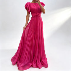 Wedding Guest Dress Elegant Party Long A Line Cap Sleeve Dresses Evening Pleated Off Shoulder Maxi Dress Fuchsia Pink Solid