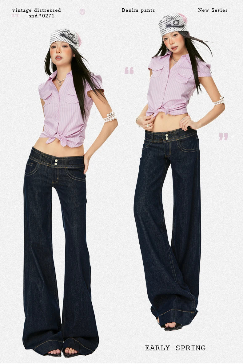 Women Vintage Blue Jeans Hip Hop Fashion Streetwear Y2K Wide Leg Straight Low Waist Jeans Baggy Denim Pants