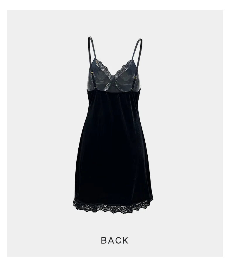 Women's Velvet Nightdress Sexy Deep V Nightgown Female Lace Patchwork Suspender Skirt Backless Adjustable shoulder strap Dress