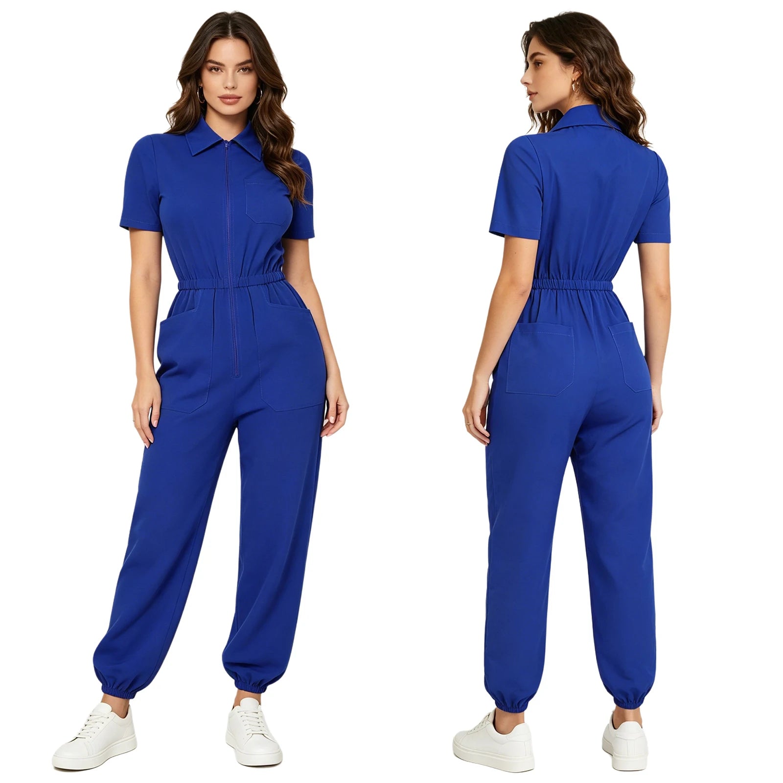 Womens Short Sleeve Scrubs Jumpsuit Front Zipper Elastic Waist Jogger Pants Rompers Nurse Doctor Workwear for Caring Nursing