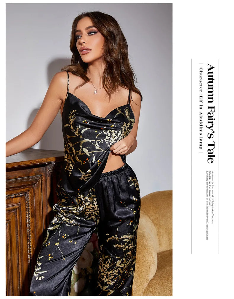 Cherry Satin Long Pajama Set