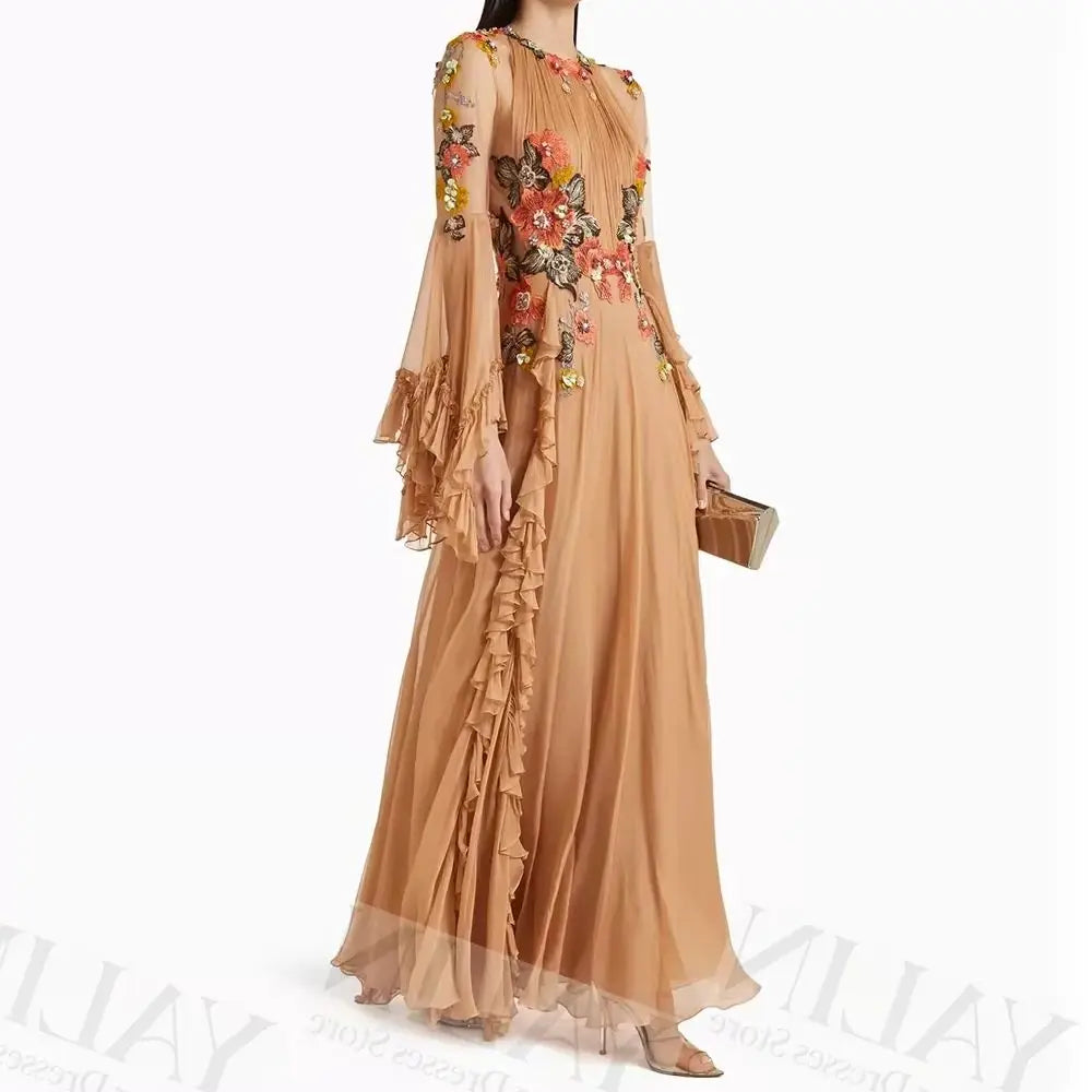 Women's A-line Evening Dresses Floor-length O-neck Full Sleeve Prom Dress Fashion Flowers Ruched Simple Draped Gowns Customized