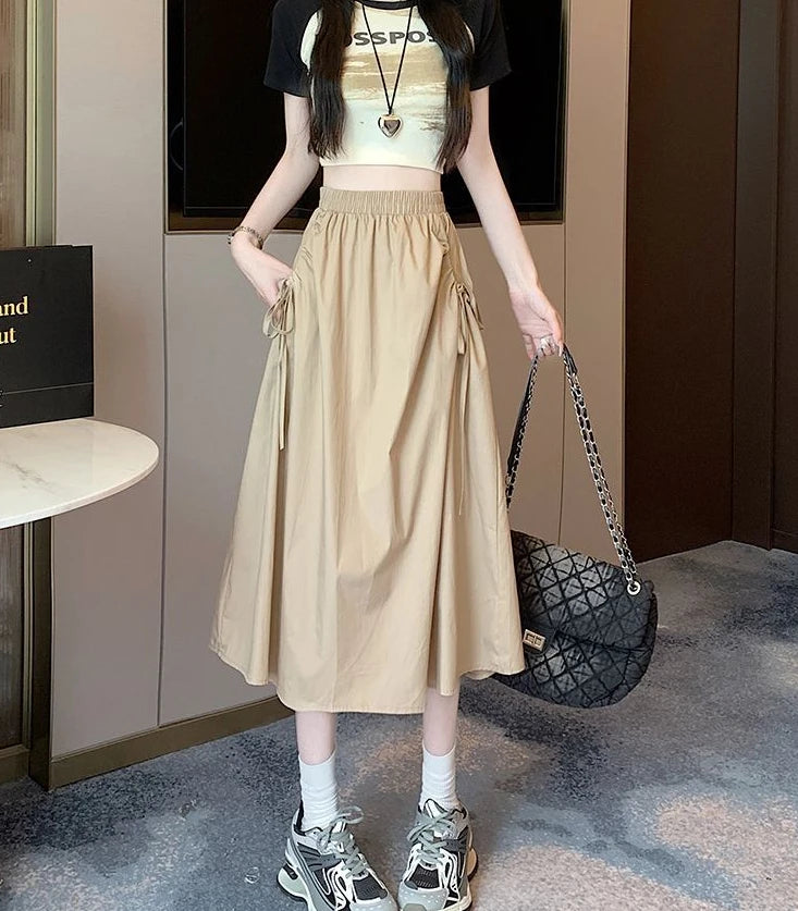 Drawstring Cargo A-Line Midi Skirt