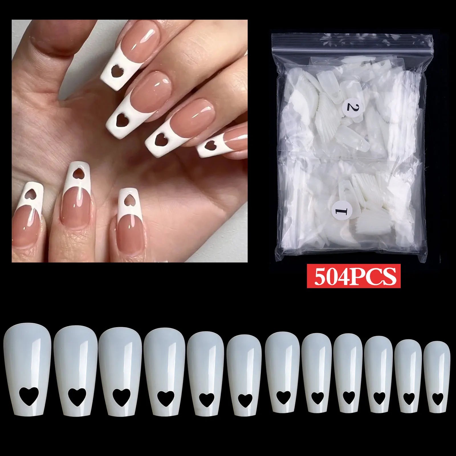 Heart Hollowed-out False Nails Art Tips 504/120pcs/bag Natural&Clear Press On Acrylic Nails UV Polish Board Patch Manicure Tools
