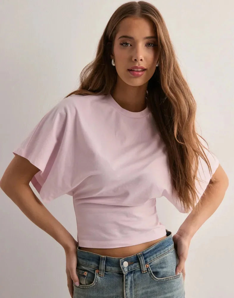 Women's T-shirts Crew Neck Ruched Waist Slim Fit Solid Color Casual Cropped Tee Summer Streetwear Basic Daily Wear Top