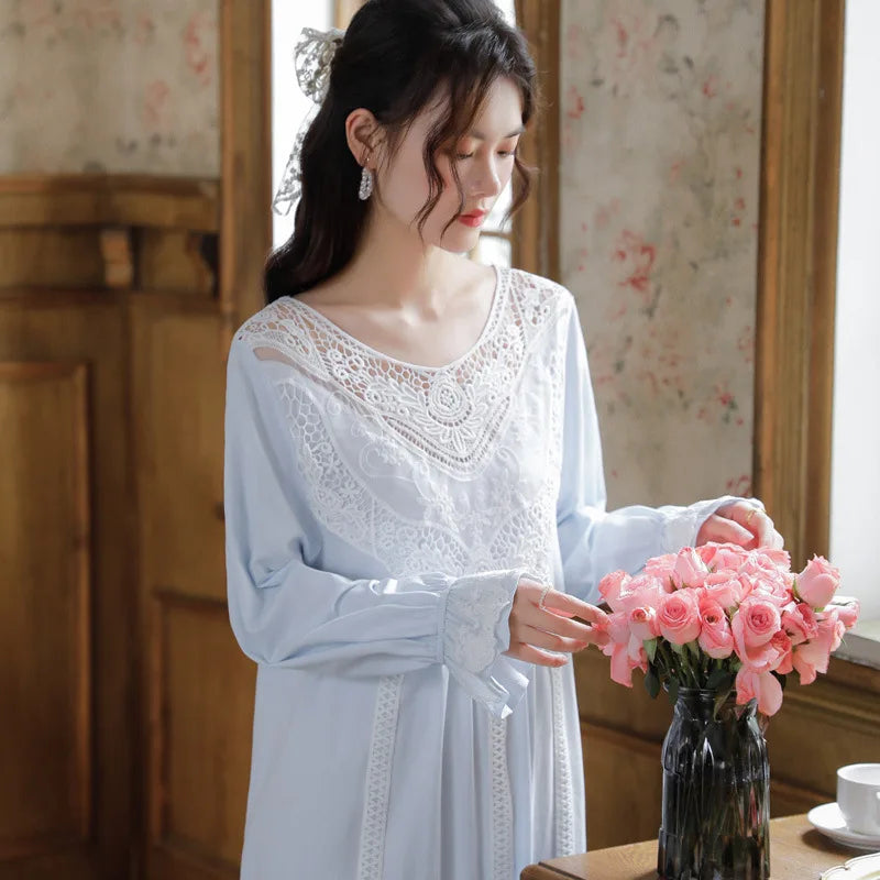 Romantic Lace Nightdress Women French Style Fairy Sleep Lace Dress Elegant Long Sleeve Cotton Nightgown Victorian Loungewear