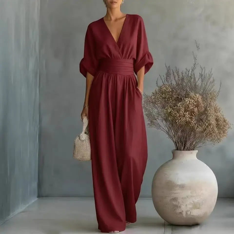 Women's Jumpsuit Fashion High Waist V-neck Casual Jumpsuits Sexy Solid Color Office Wide Leg Trousers Overalls Vacation Outfit
