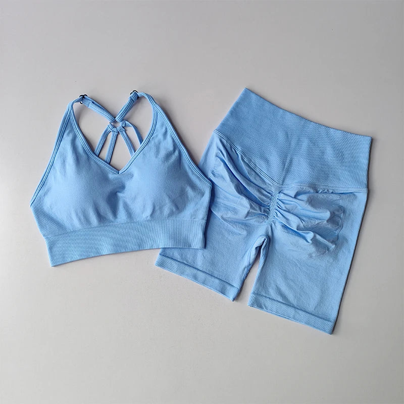 Workout Sets for Women, V Back Sports Bra with High Waist Shorts, Moisture Wicking Yoga Outfit for Training