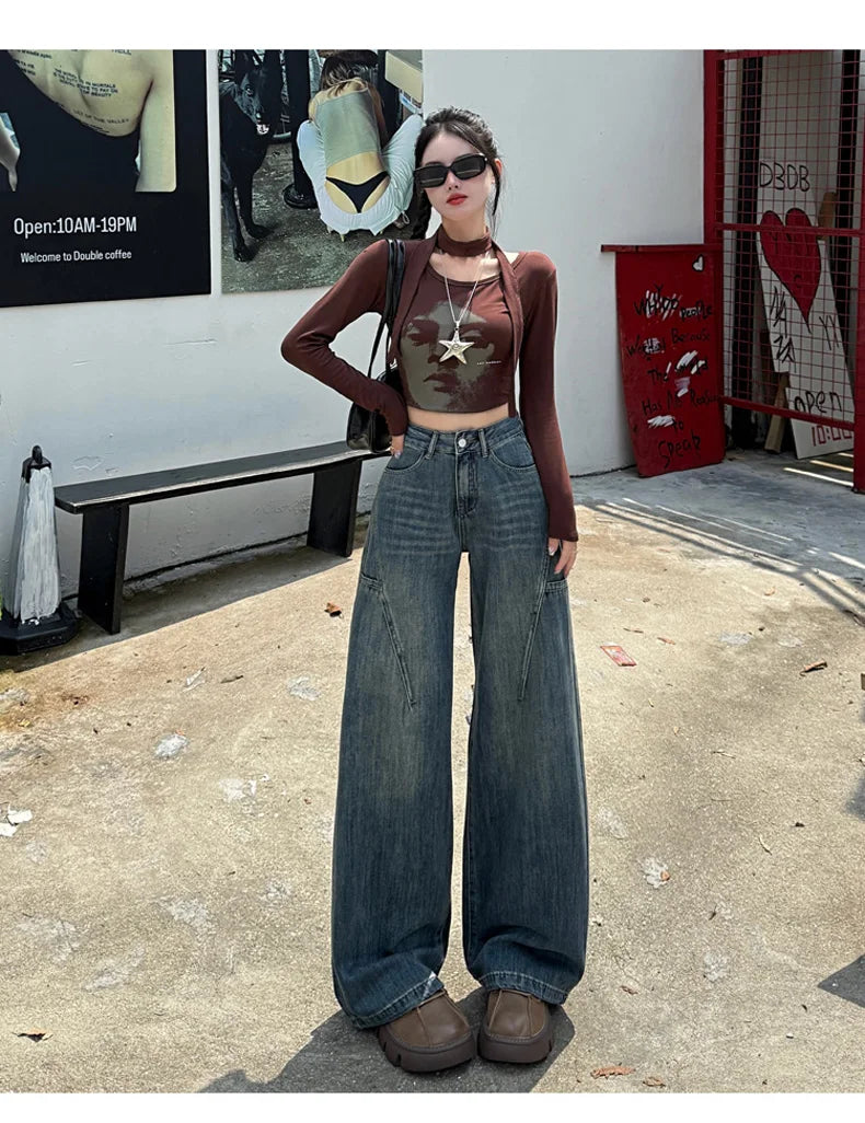 High Waisted Wide Leg Jeans Women Cotton Retro Denim Y2k Loose Fashion Design Sense Pant Streetwear Baggy Straight Trouser Woman