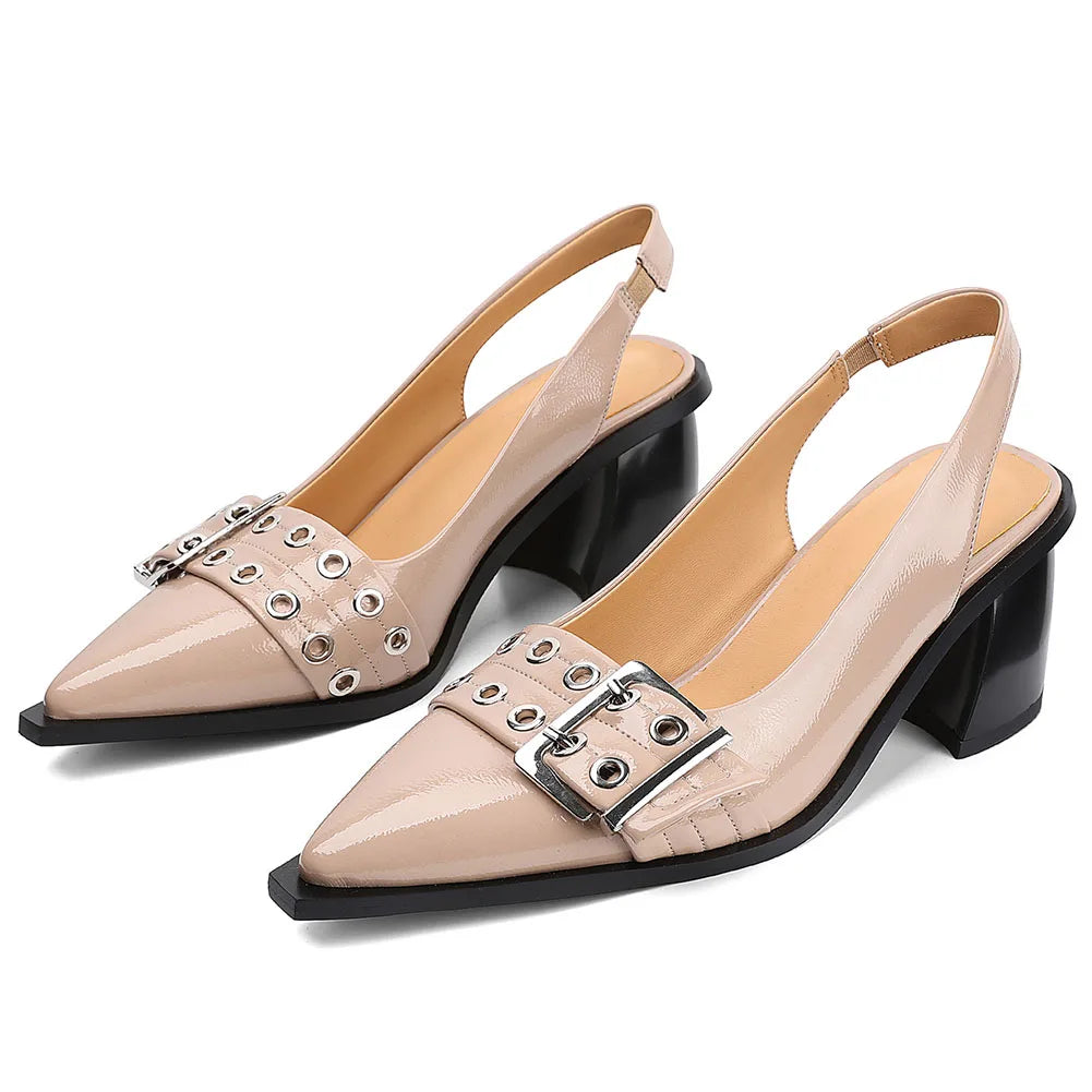 Women Buckle Slingback Block Heel Pumps