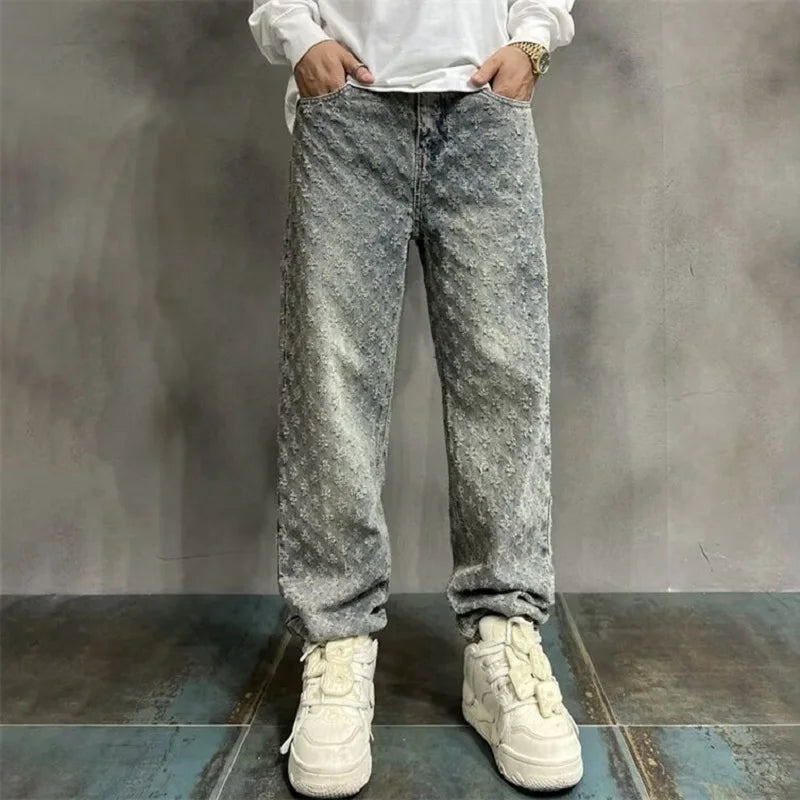 Jacquard All Over High Street Jeans Mens 2024 New Straight Lift Pattern Loose Wide Leg Jeans Casual Boyfriend Jeans Pants Tide
