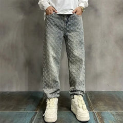 Jacquard All Over High Street Jeans Mens 2024 New Straight Lift Pattern Loose Wide Leg Jeans Casual Boyfriend Jeans Pants Tide