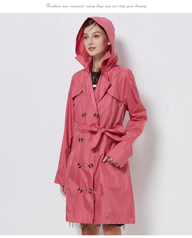 Fashion Women Thin Raincoat Poncho Ladies Waterproof Long Slim Raincoats Adults Outdoor Hiking  Windproof Rain Coat With Belt