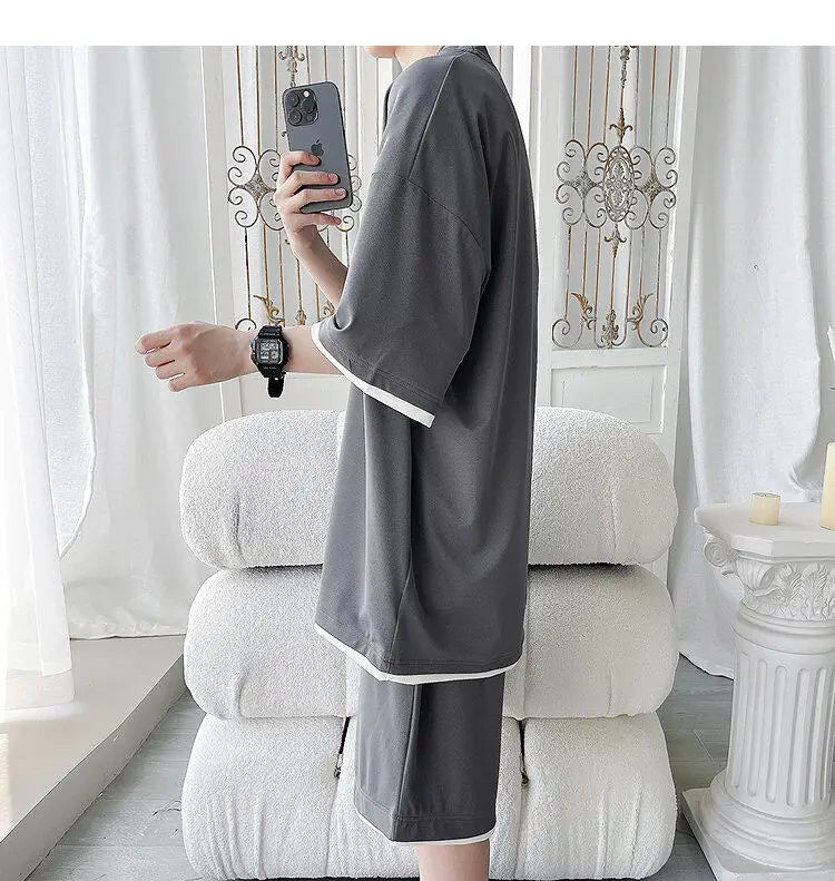 Men's Trendy 2-Piece Streetwear Co-ord Solid Color Short Sleeve T-Shirt And Drawstring Elastic Waist Shorts Set 5XL