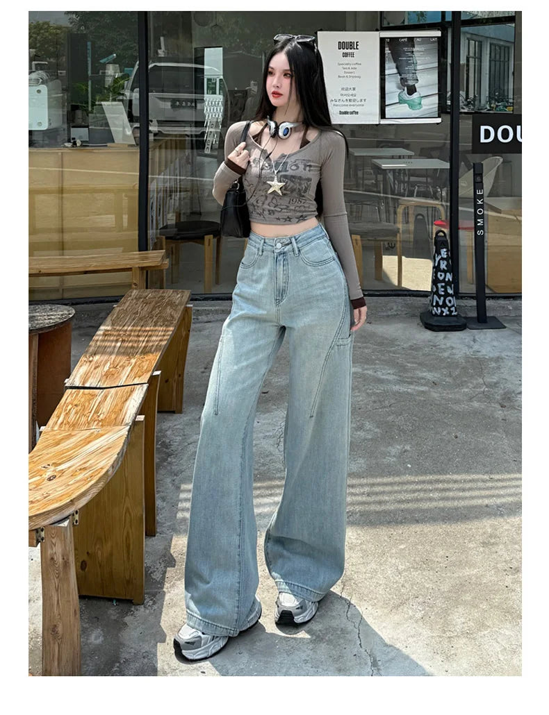 High Waisted Wide Leg Jeans Women Cotton Retro Denim Y2k Loose Fashion Design Sense Pant Streetwear Baggy Straight Trouser Woman