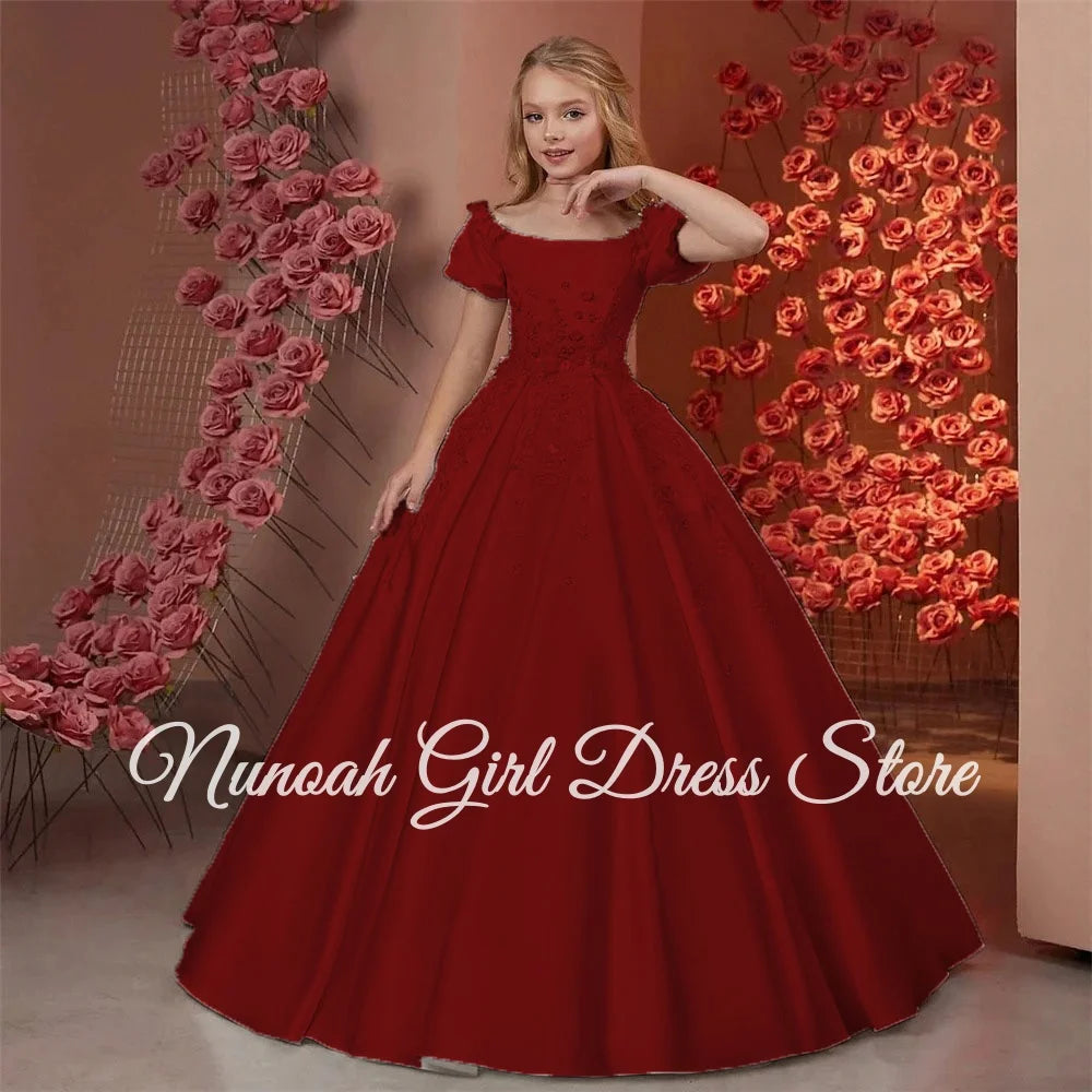 Elegant Flower Girl Dresses for Wedding Satin Beaded Floral Floor Length Girl Kids Birthday Party First Holy Communion Gown