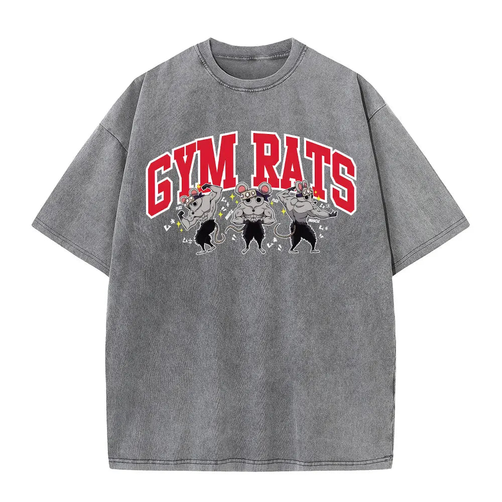 Vintage Washed T-shirts 100% Cotton Gym Muscle Rat Print Crew Neck Tshirts Casual Goth Hip Hop Streetwear Women Men Summer Tee