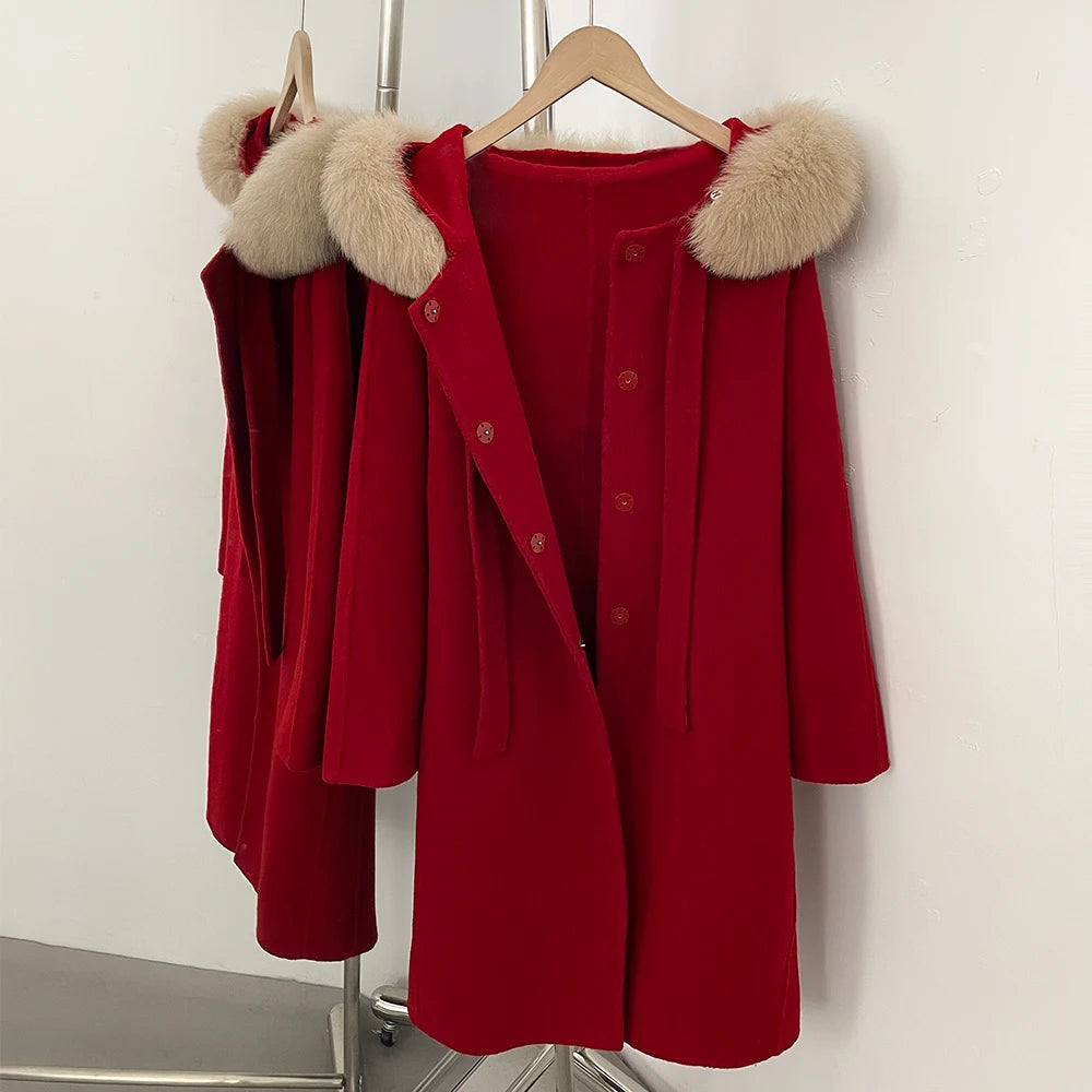 Warm Hooded Wool Fur Coat