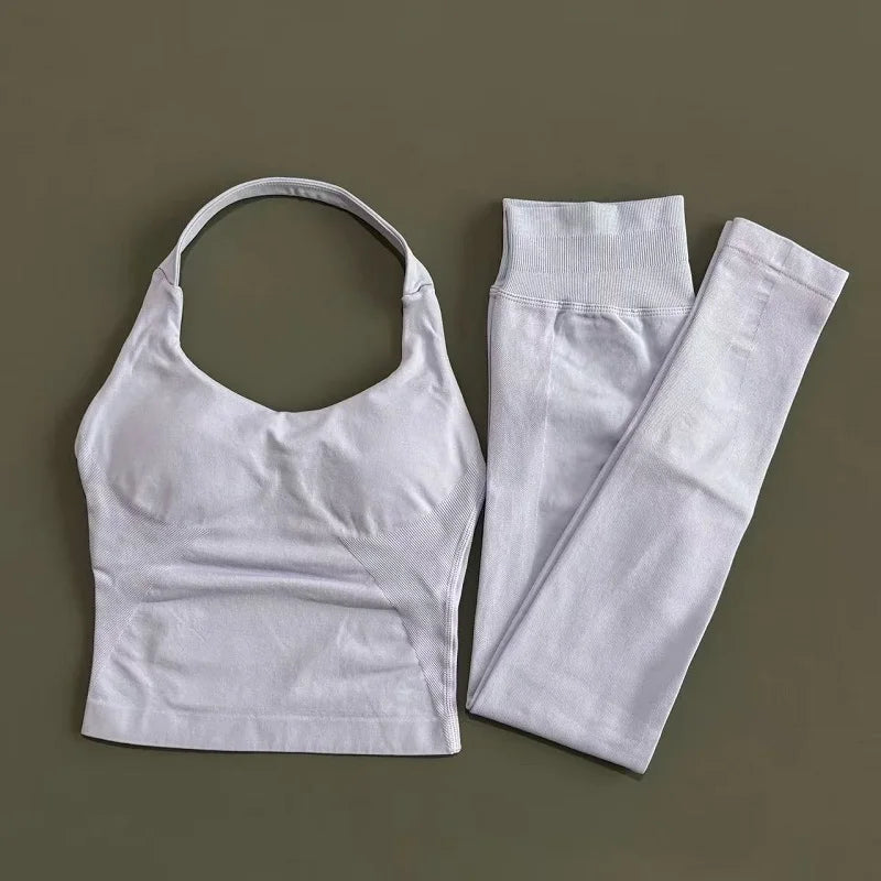 Women Yoga Set Seamless Sports Halter Neck Top Waist Trainer Leggings Suit Squat Proof Butt Lifting Workout Fitness Gym Clothing