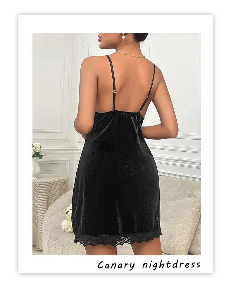 Women's Velvet Nightdress Sexy Deep V Nightgown Female Lace Patchwork Suspender Skirt Backless Adjustable shoulder strap Dress