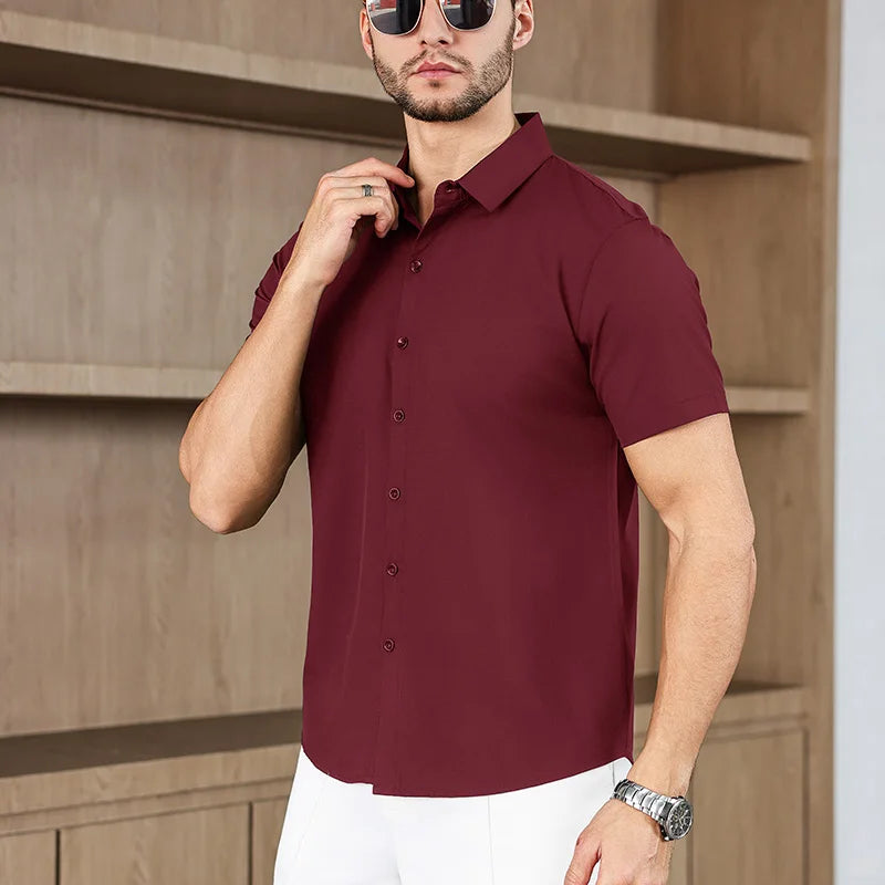 New Men's Business Casual Solid Color Short Sleeved Shirt for Summer Fashion No Ironing Comfortable and Versatile Top