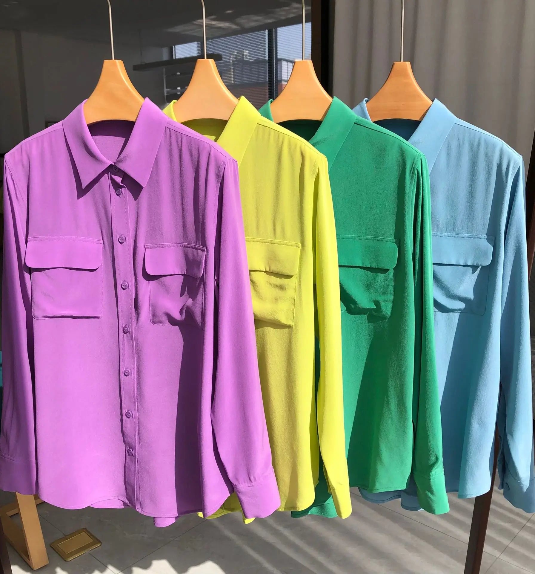 Women Real Silk Shirts Classic Double Pockets Solid Color Casual Fashion Long Sleeve Thin Shirt Blouses Tees