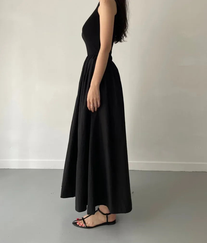 Female Fashion Style Dress New Summer Simple Elegant Black Long Dresses For Women Round Neck Sleeveless High Waist Temperament